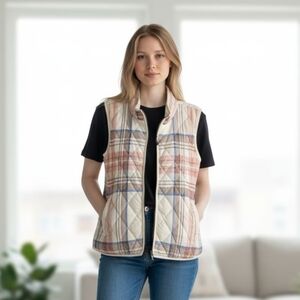 Coldwater Creek Plaid Vest All Seasons Sz M Cream Blue Quilted Tartan Gorpcore